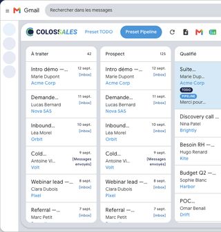 Board Kanban Colossales dans Gmail : pipeline commercial collé aux threads