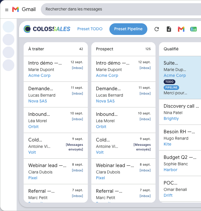 Board Kanban Colossales dans Gmail : pipeline commercial collé aux threads